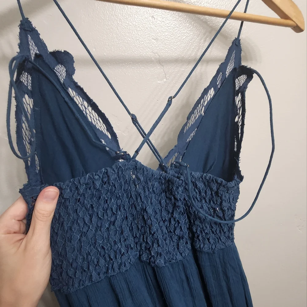 Free People adella maxi dress spaghetti strap crochet navy/dk teal - Picture 6 of 7